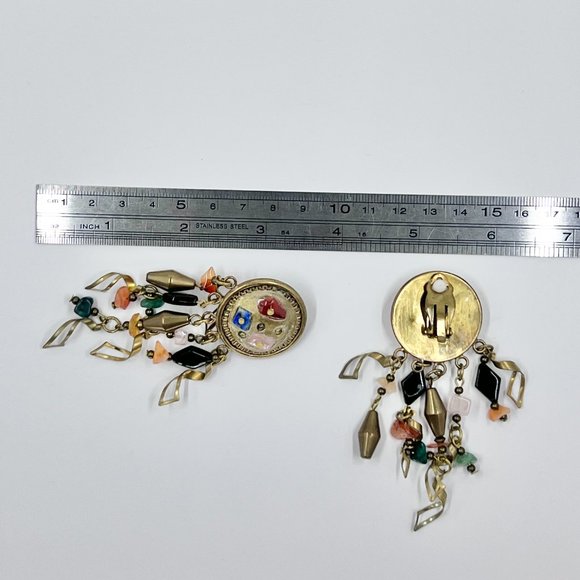 NWOT - BOHO Artisan Natural Stone & Antiqued Gold Tone Dangle Clip-On Earrings - Picture 3 of 7